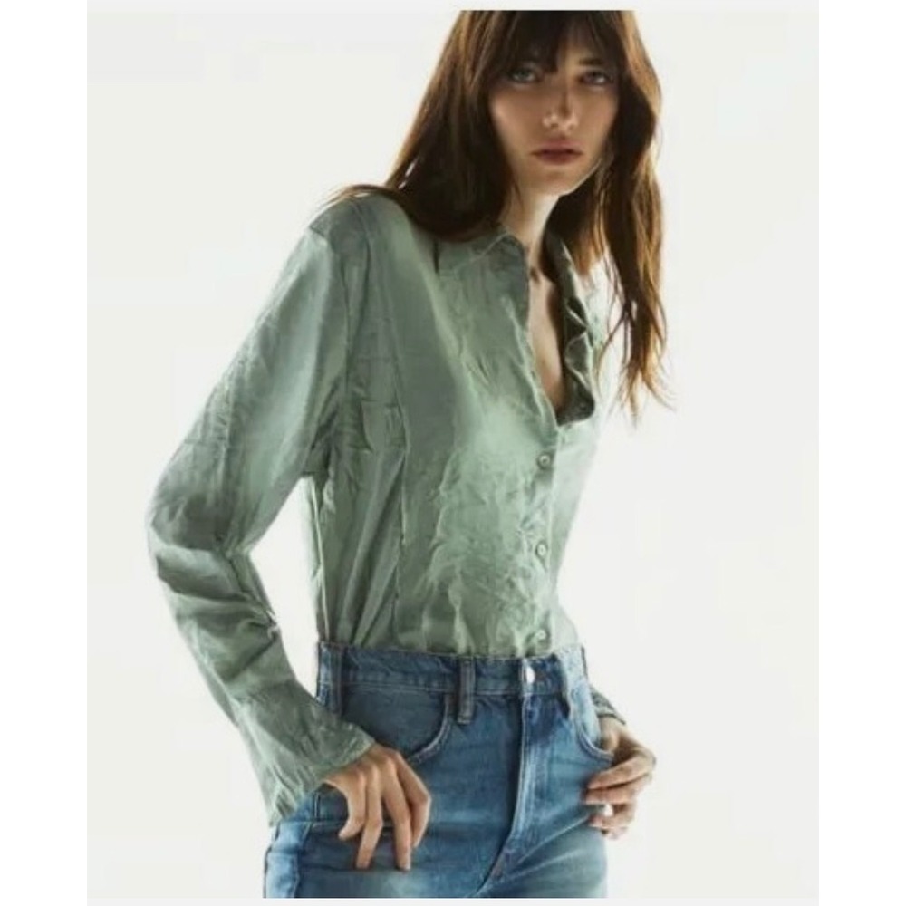 NWT - Zara - Satin Wrinkled Effect Blouse w/Asymmetric‎ and Frayed Detail